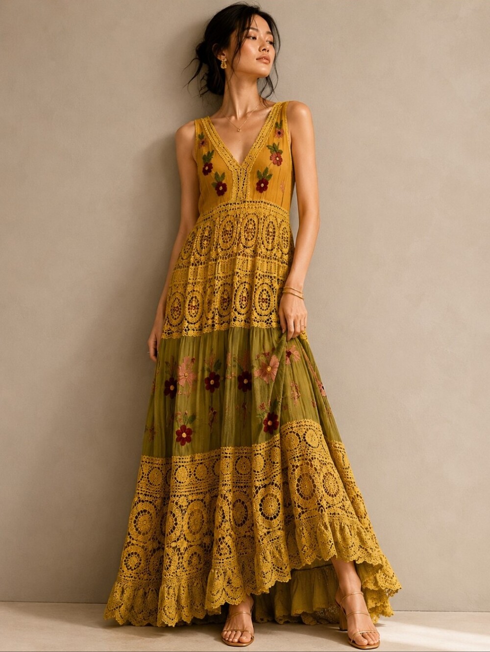 Boho Lace Embroidered Maxi Dress Vintage Inspired Crochet Boutique - Picture 14 of 14